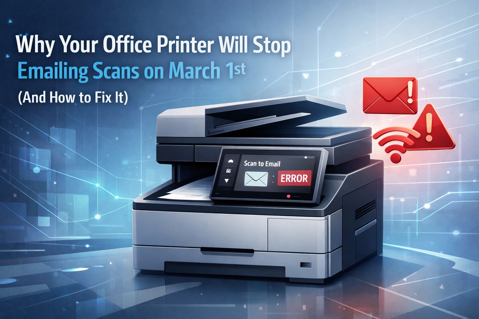 Featured image for “Why Your Office Printer Will Stop Emailing Scans on March 1st (And How to Fix It)”